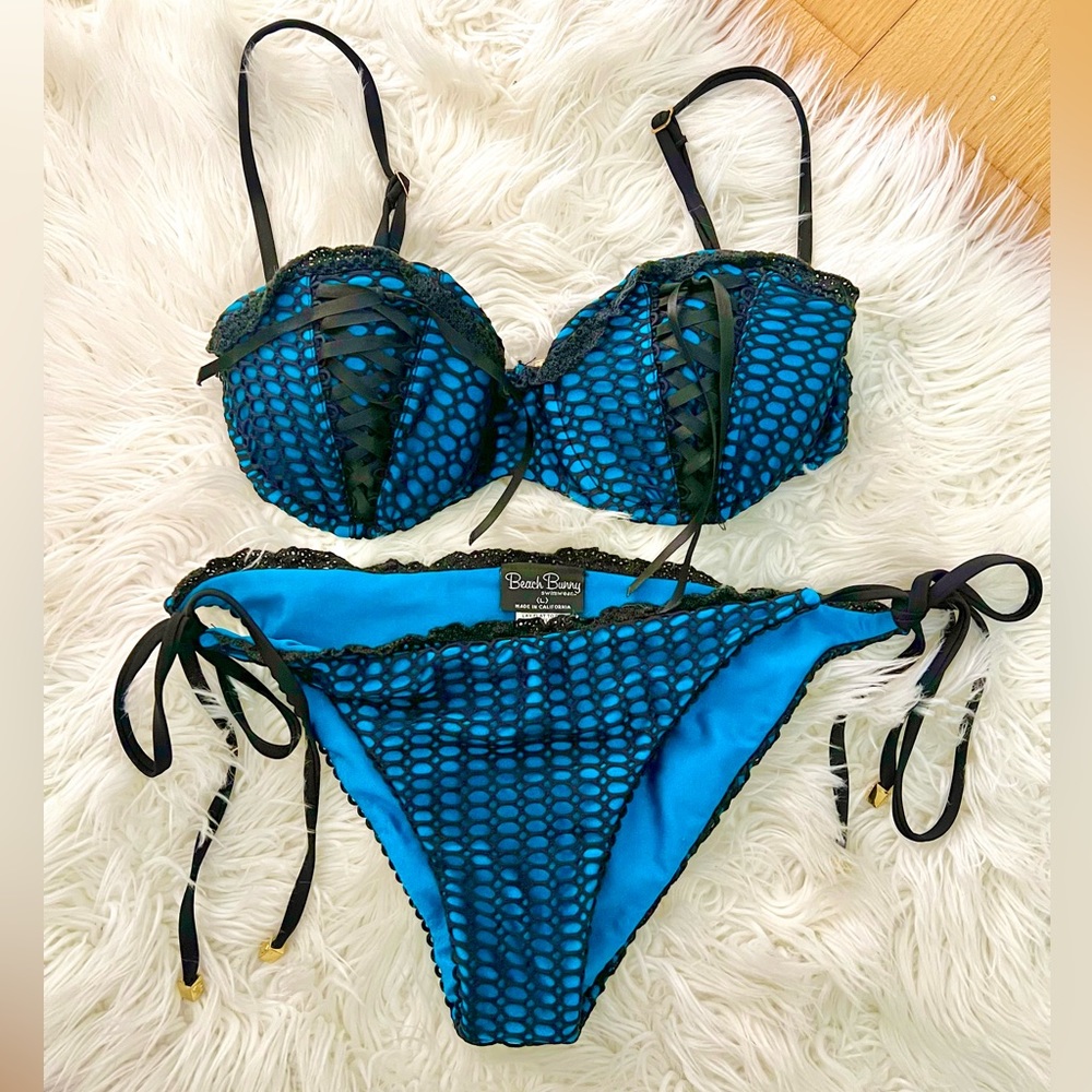 Beach Bunny Swimwear Black Teal Lace Mesh Bikini